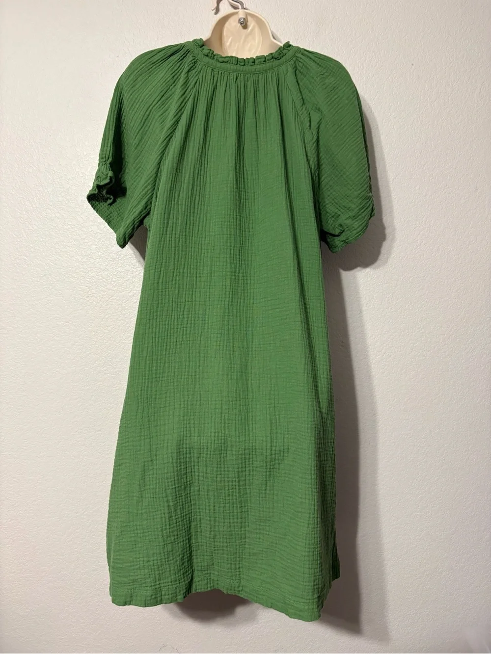 Chico's Green Cotton Crinkle Gauze Popover Casual Mini Dress w Pockets L